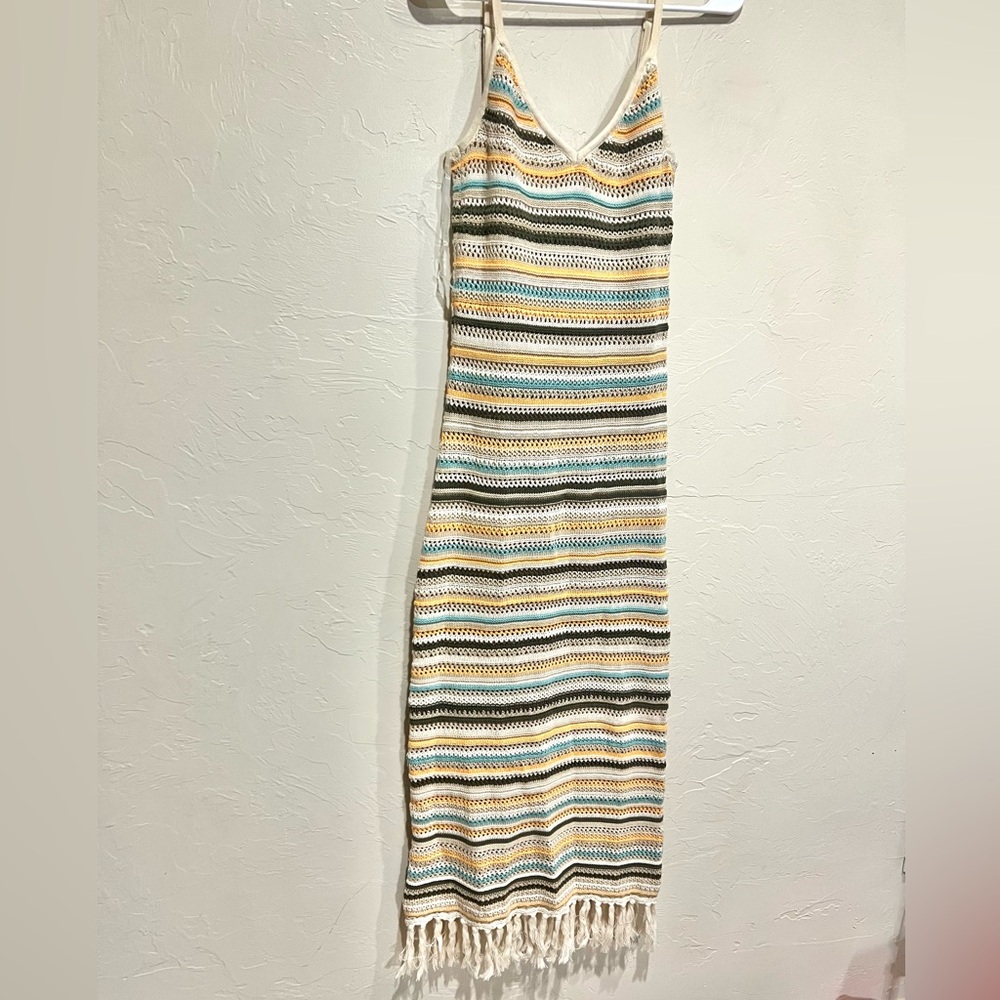 Womens Multi Color Striped Crochet Knit Midi Dress Fringe Hem V-Neck M Festival - Picture 1 of 8